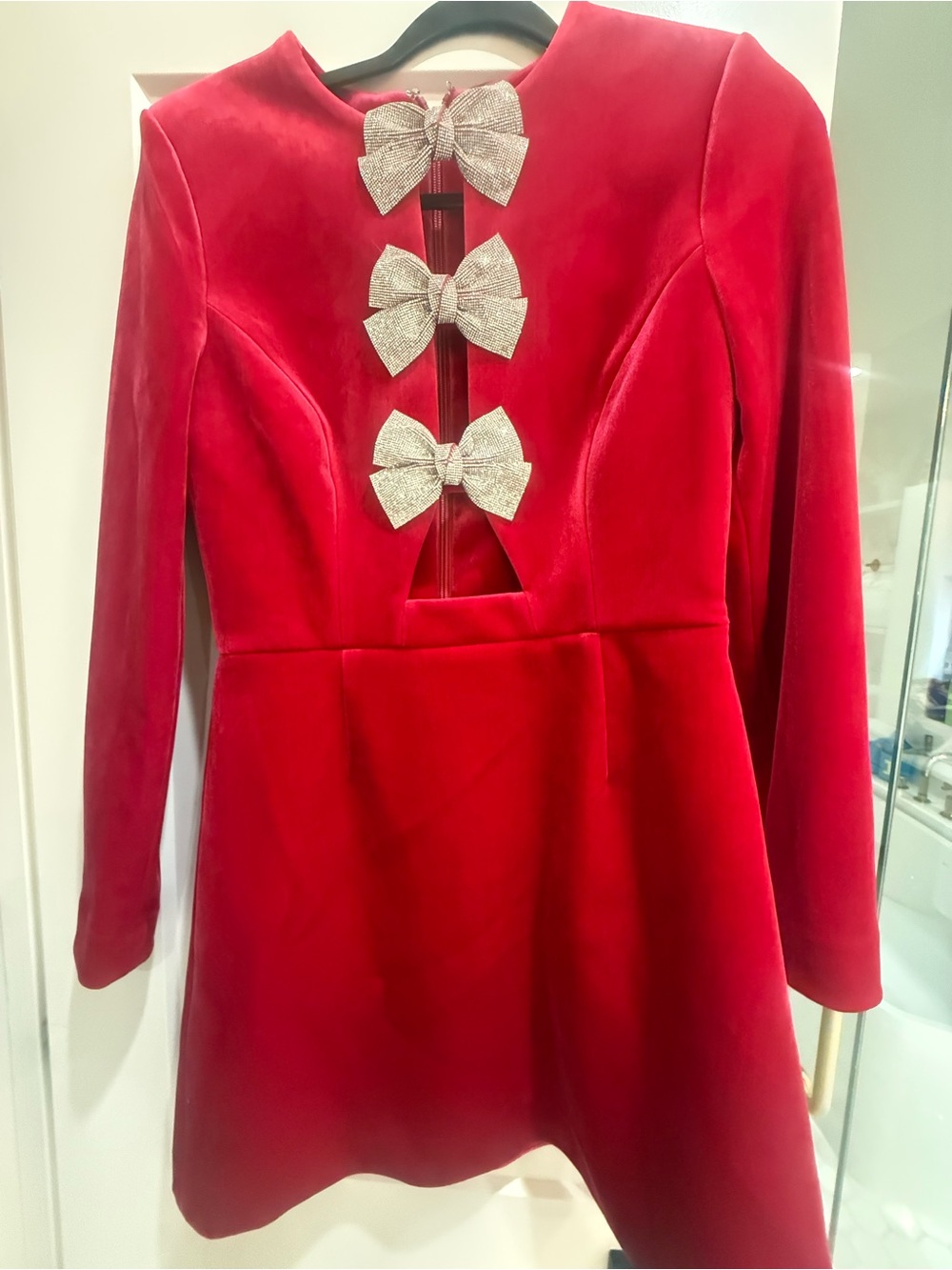 Rebecca Vallance Bernadette Red Velvet Bow-Accent Mini Dress